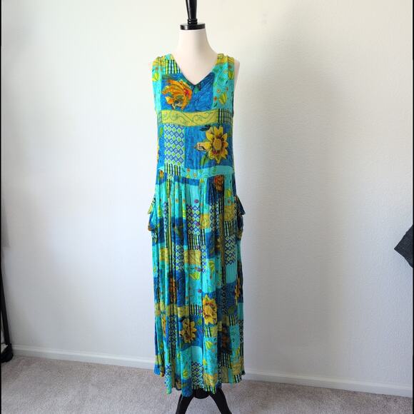 Vintage Maxi Dress Womens Medium Summer Blue Sunflower Garden Cottage Bohemian - Picture 6 of 13